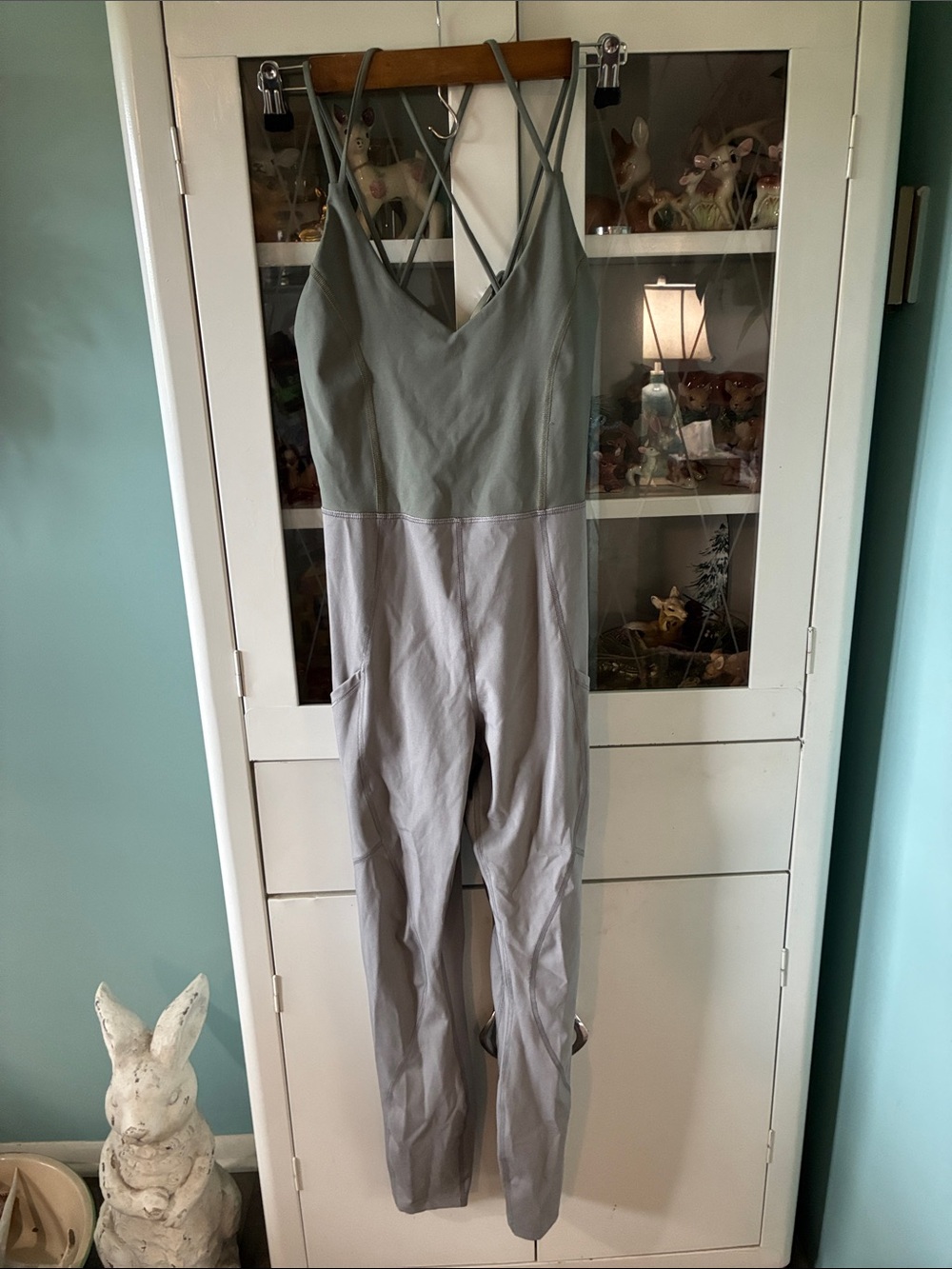 G. Women’s Two-Tone Strappy Jumpsuit Athletic in Sage and Light Gray sz S